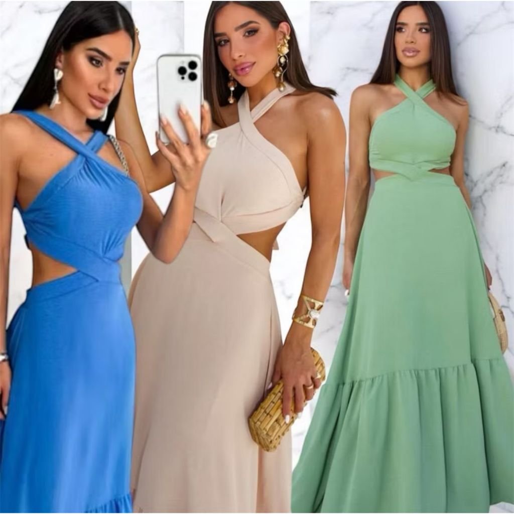 Vestido Longo Feminino Frente Única com Amarração nas Costas para Festas