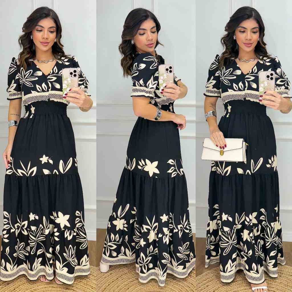 Vestido Longo Floral Feminino com Cintura Elástica e Gola V