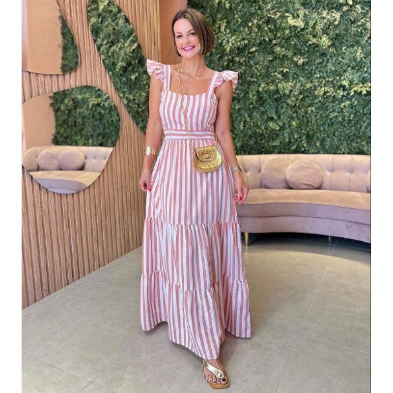 Vestido Longo Listrado com Alça Babado – Luxo e Conforto