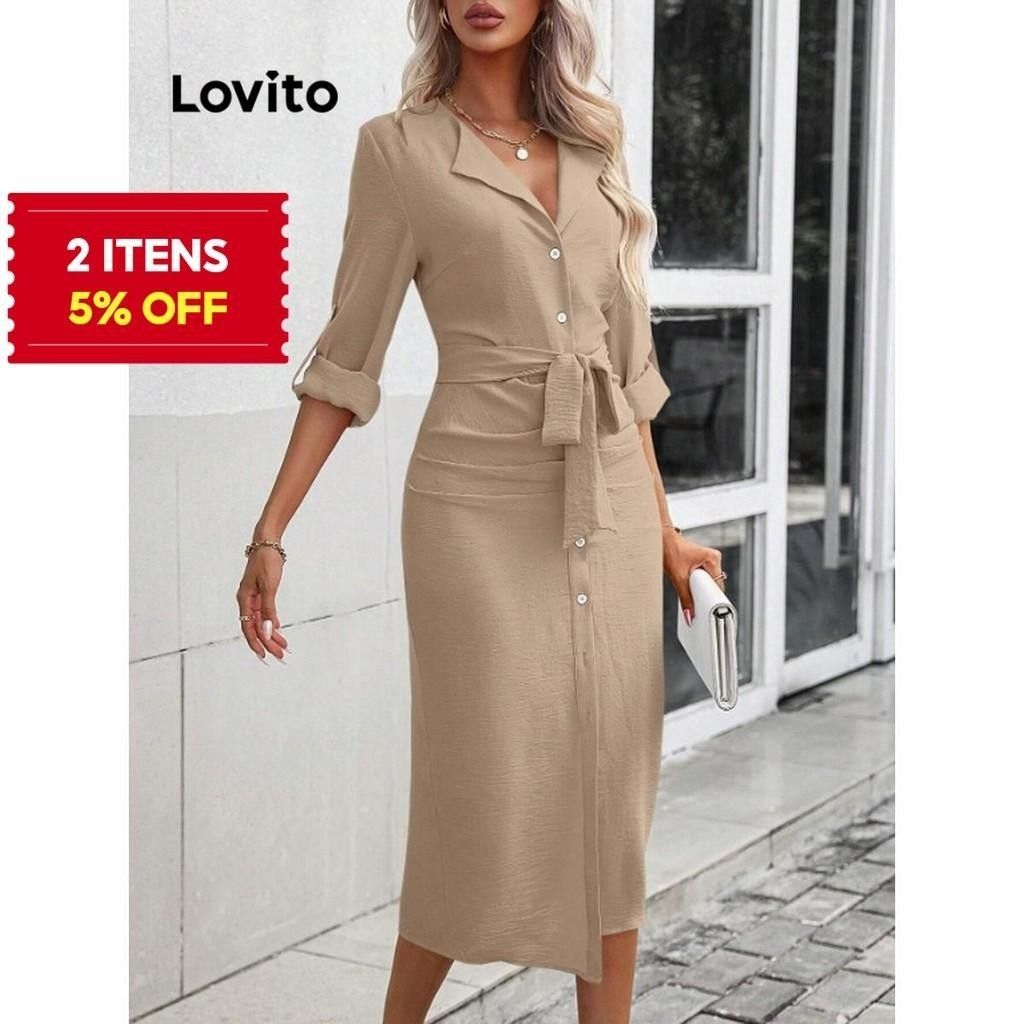 Vestido Lovito: Casual, Liso e com Cinto