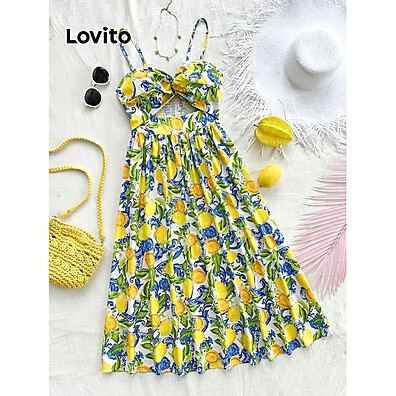 Vestido Lovito Casual Recortado com Alças Finas para Mulher