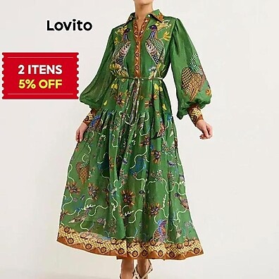 Vestido Lovito com Estampa de Plantas – Estilo Casual Feminino