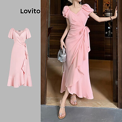 Vestido Lovito Elegante: Babados e Gravata