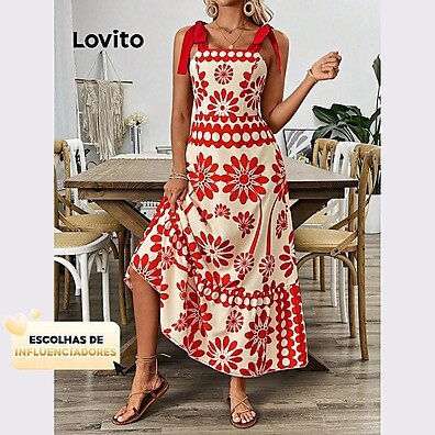 Vestido Lovito Elegante Floral com Babados e Cadarço
