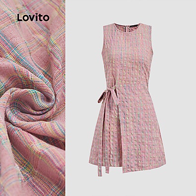 Vestido Lovito Gingham com Gravata Frontal – Estilo Casual Feminino