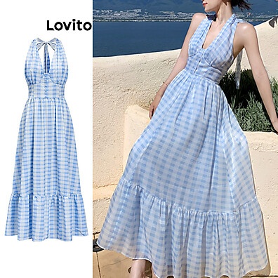 Vestido Lovito Gingham Sem Costas: Elegância Casual