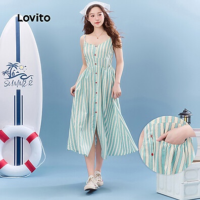 Vestido Lovito Listrado Drapeado com Bolso – Estilo Casual Verão