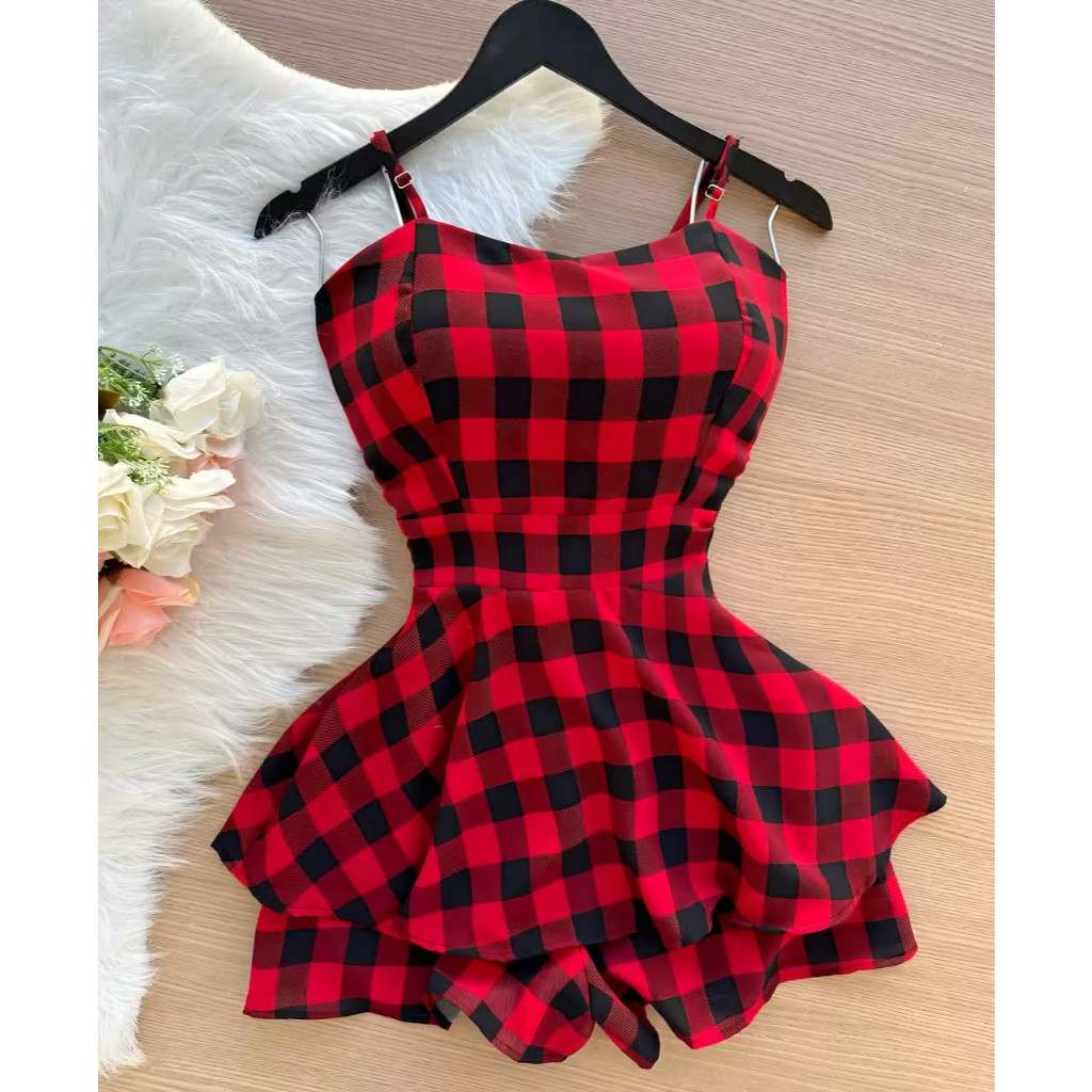 Vestido Macaquinho Xadrez com Bojo e Short por Baixo