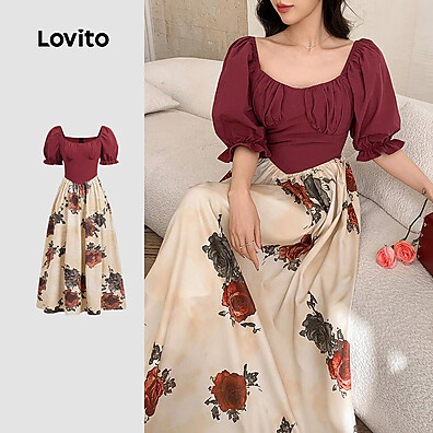 Vestido Marrom Floral Lovito Elegante com Estrutura e Costura Premium