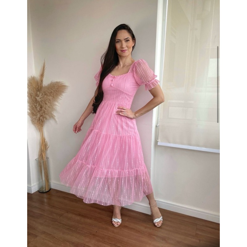 Vestido Mídi de Tuli Manga 3/4 – Moda Evangélica Estilo Xadrez