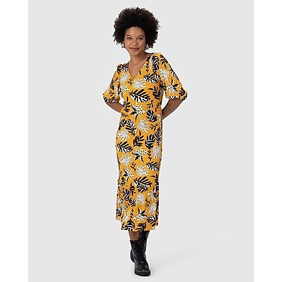 Vestido Midi Feminino Estampado com Manga Bufante em Viscose