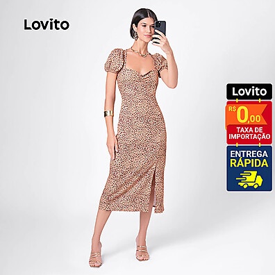 Vestido Midi Onça com Fenda e Manga Bufante