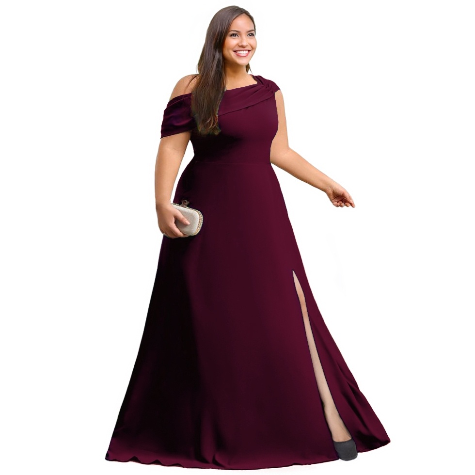 Vestido Plus Size de Festa Longo Ombro Drapeado PS17