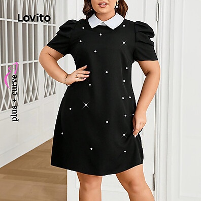 Vestido Plus Size Lovito com Pérolas e Colorblock Elegante