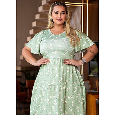Vestido Plus Size Manga Princesa Estampado Suplex