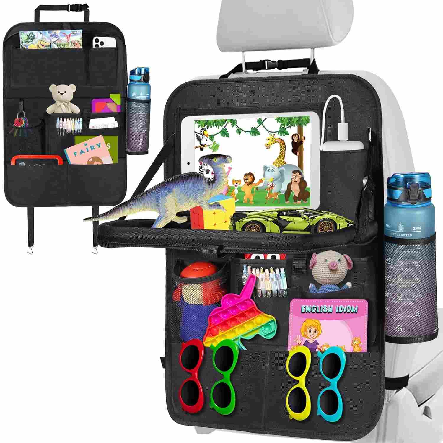 Organizador de Banco Traseiro de Carro com Mesa Dobrável e Suporte para Tablet - Viagens Confortáveis!