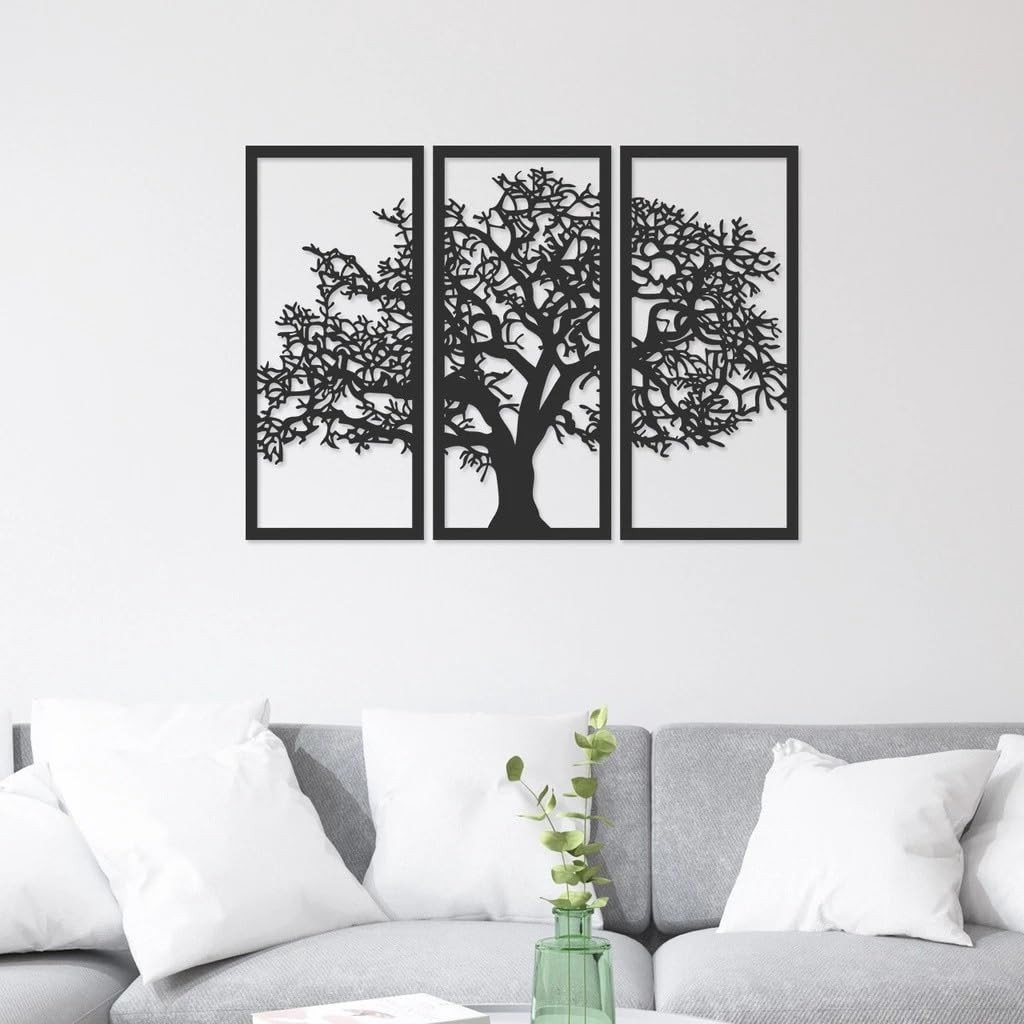 Quadro Decorativo Árvore da Vida 3 Painéis 60x40cm - MDF Preto Moderno para Sala de Estar