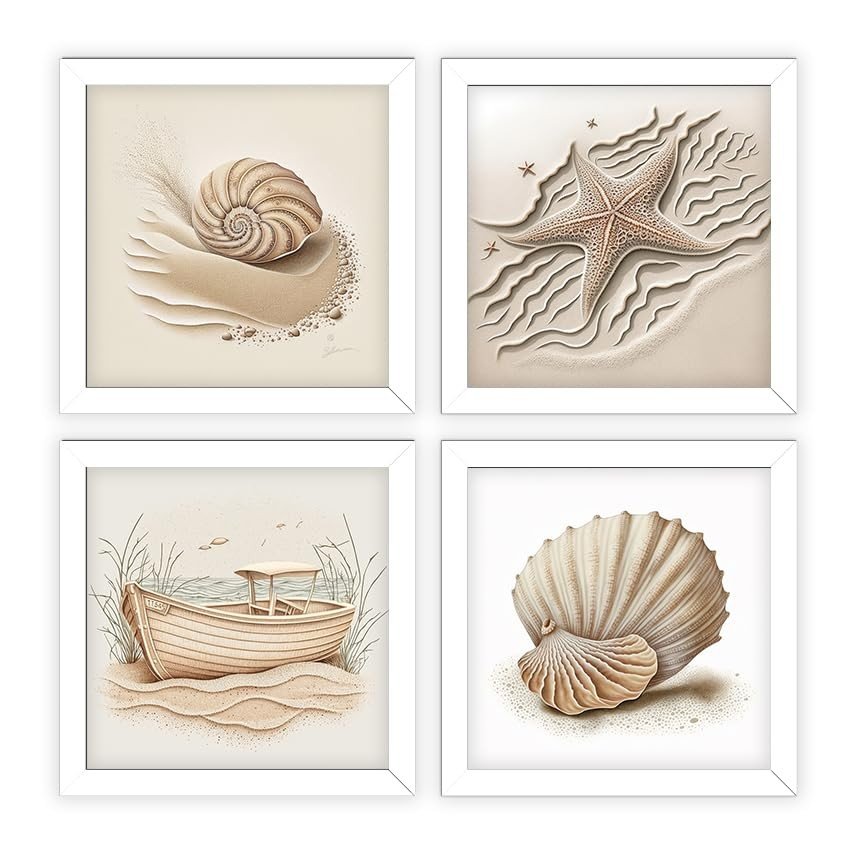Kit 4 Quadros Decorativos 18x18 cm - Tema Marítimo Oceano Praia com Moldura e Vidro