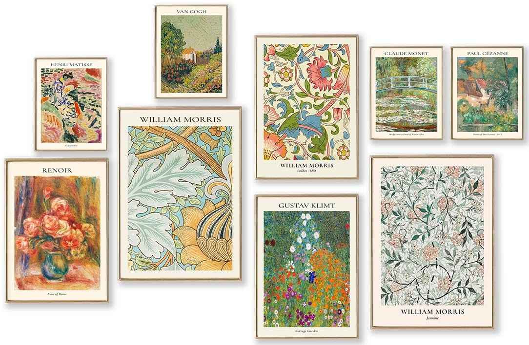 Conjunto de 9 Impressões de Arte de Parede Ecléticas Vintage - Coleção Maximalista com Estilos Matisse, Van Gogh e Monet