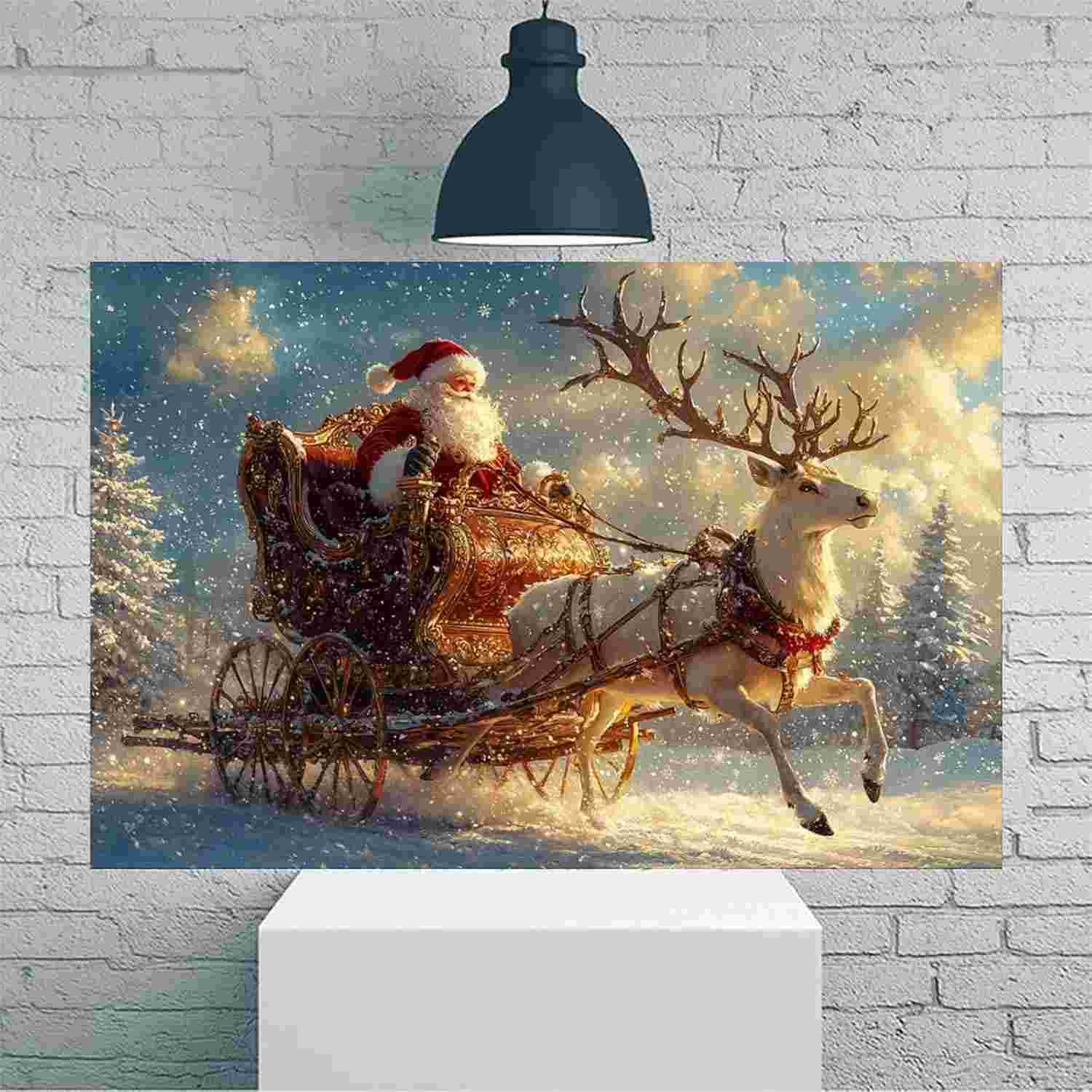 Papai Noel em Trenó Dourado - Arte de Parede Vintage 30,5x45,7cm para Decoração Natalina