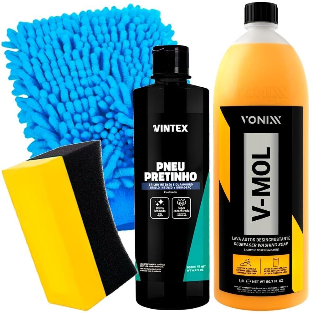 Kit Essencial Vonixx: Shampoo V-Mol 1,5L, Pneu Pretinho Vintex 500ml e Acessórios Karbox