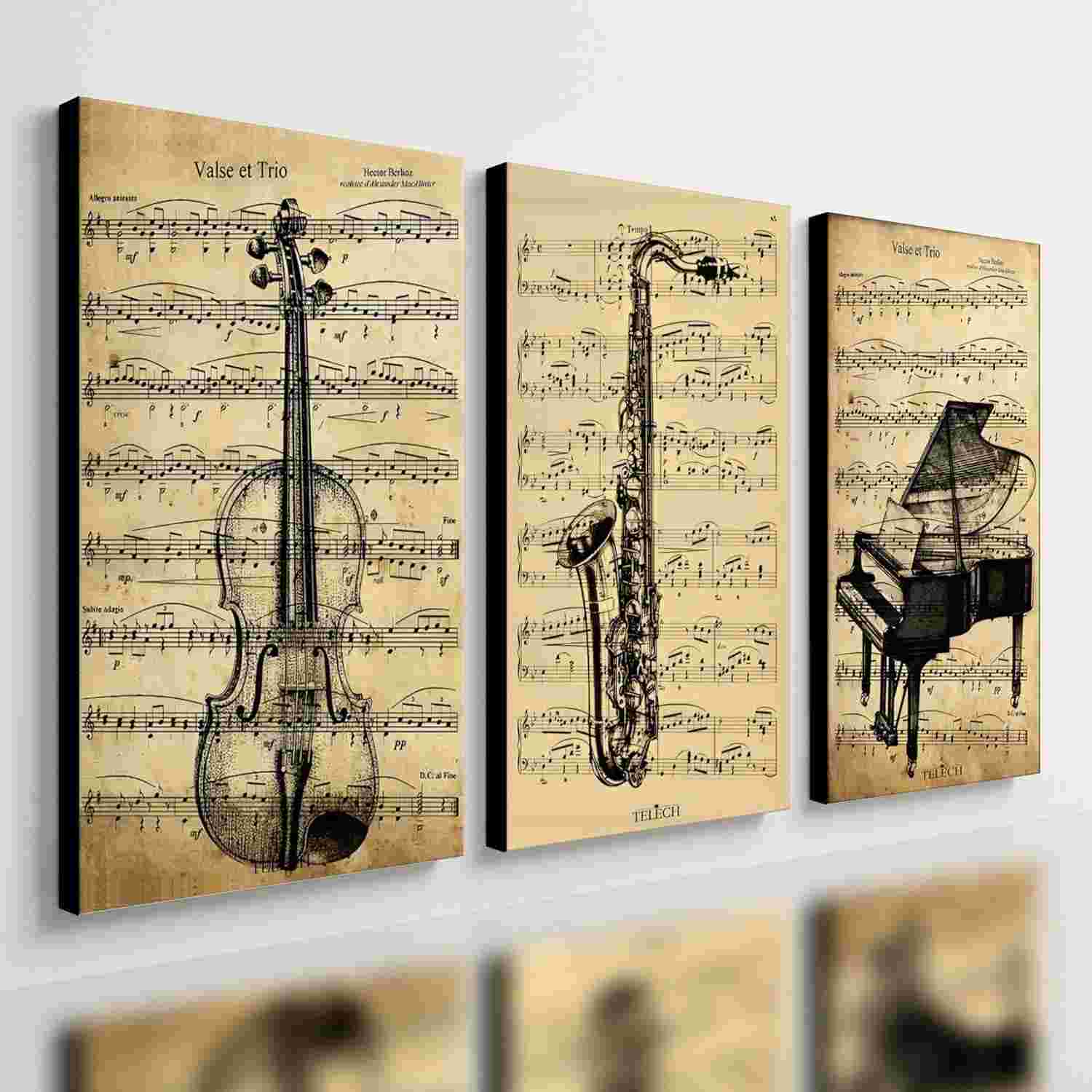 Kit 3 Quadros Decorativos Música Clássica Retro - Piano e Violino (40x28cm)