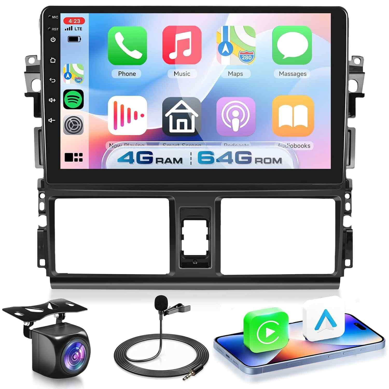 Central Multimídia Android 15 para Toyota Yaris Vios 2013-2016: Tela 9" HD, CarPlay/Android Auto Sem Fio, GPS e Câmera AHD