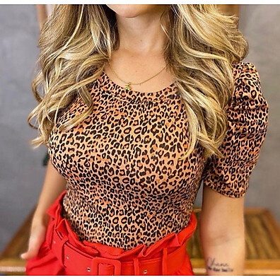 Blusa Feminina Onça Manguinha Bufante Viscolycra