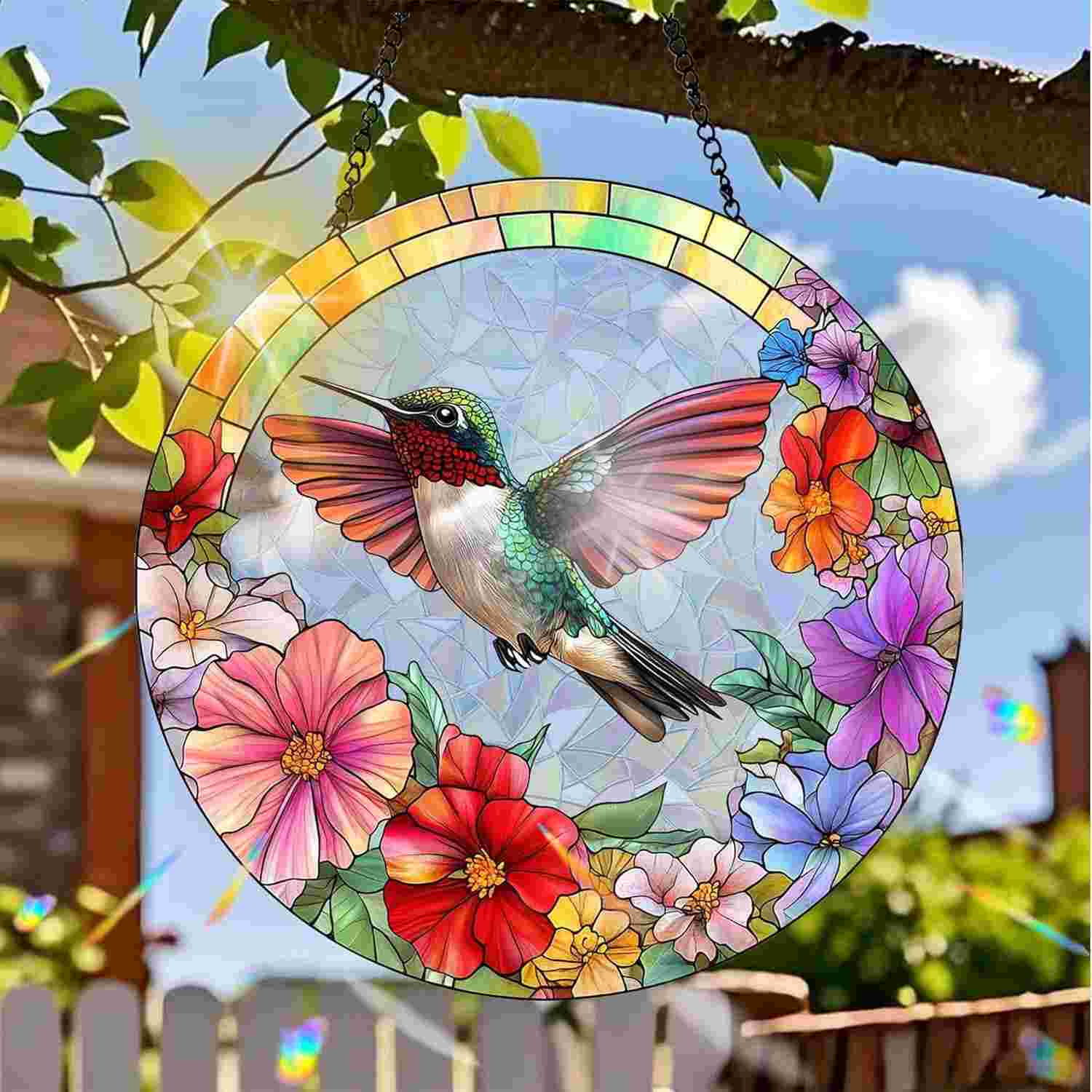 Protetor Solar Acrílico Colorido com Design de Vitral - Decoração Refratora de Luz para Casa e Jardim