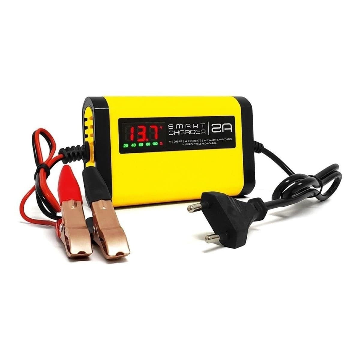 Carregador de Bateria Automotivo Digital 2A 12V com Voltímetro e Amperímetro - Carga Inteligente para Moto e Carro