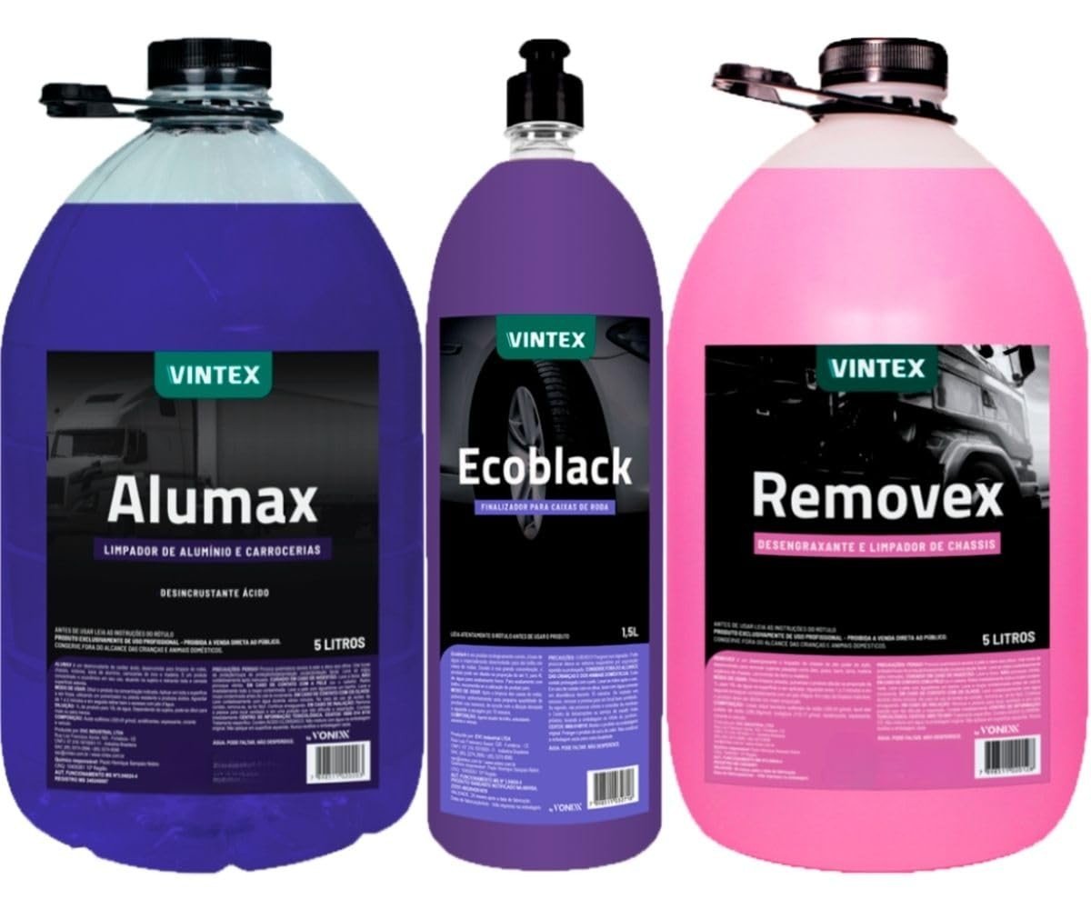 Kit Completo Vonixx: Alumax 5L, Removex 5L e Ecoblack 1.5L - Limpeza Profissional Automotiva