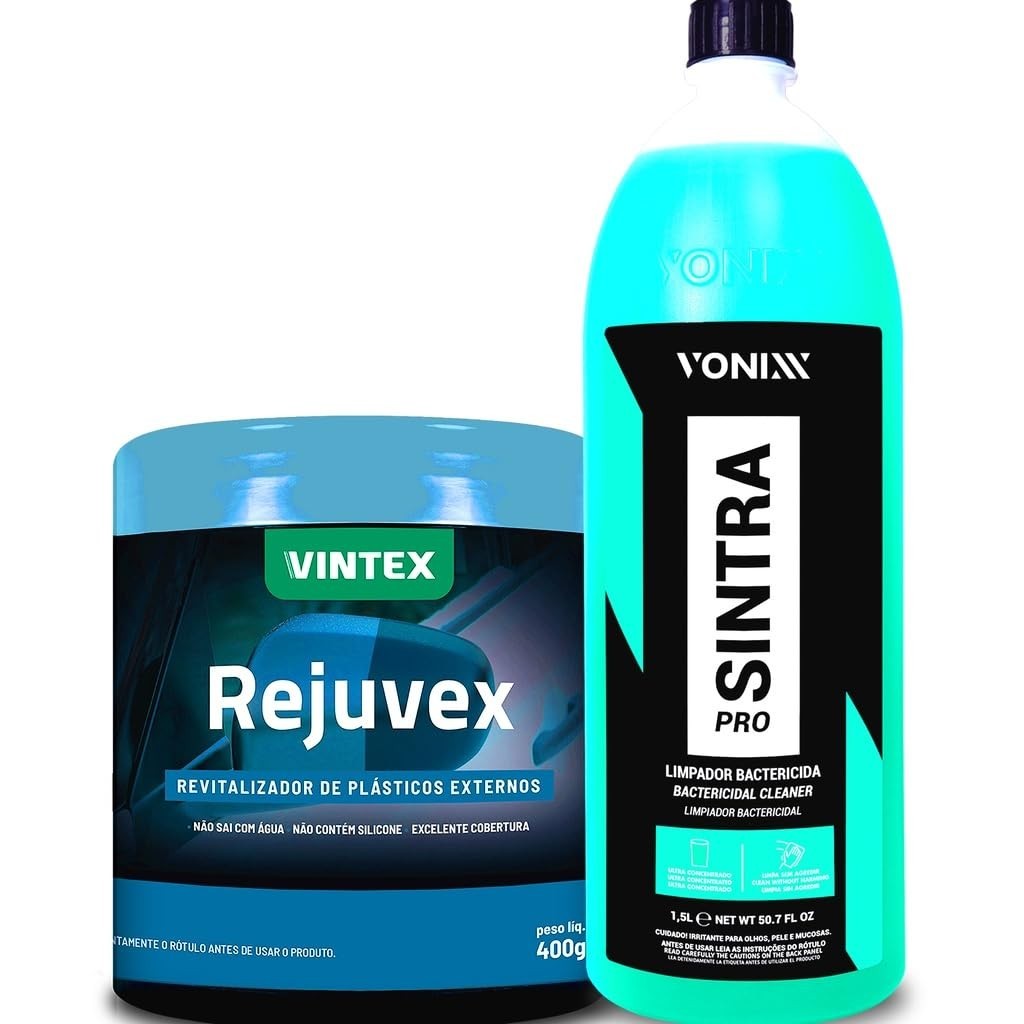 Kit Essencial Vonixx: Limpador Sintra Pro 1.5L e Rejuvex 400g para Plásticos Impecáveis