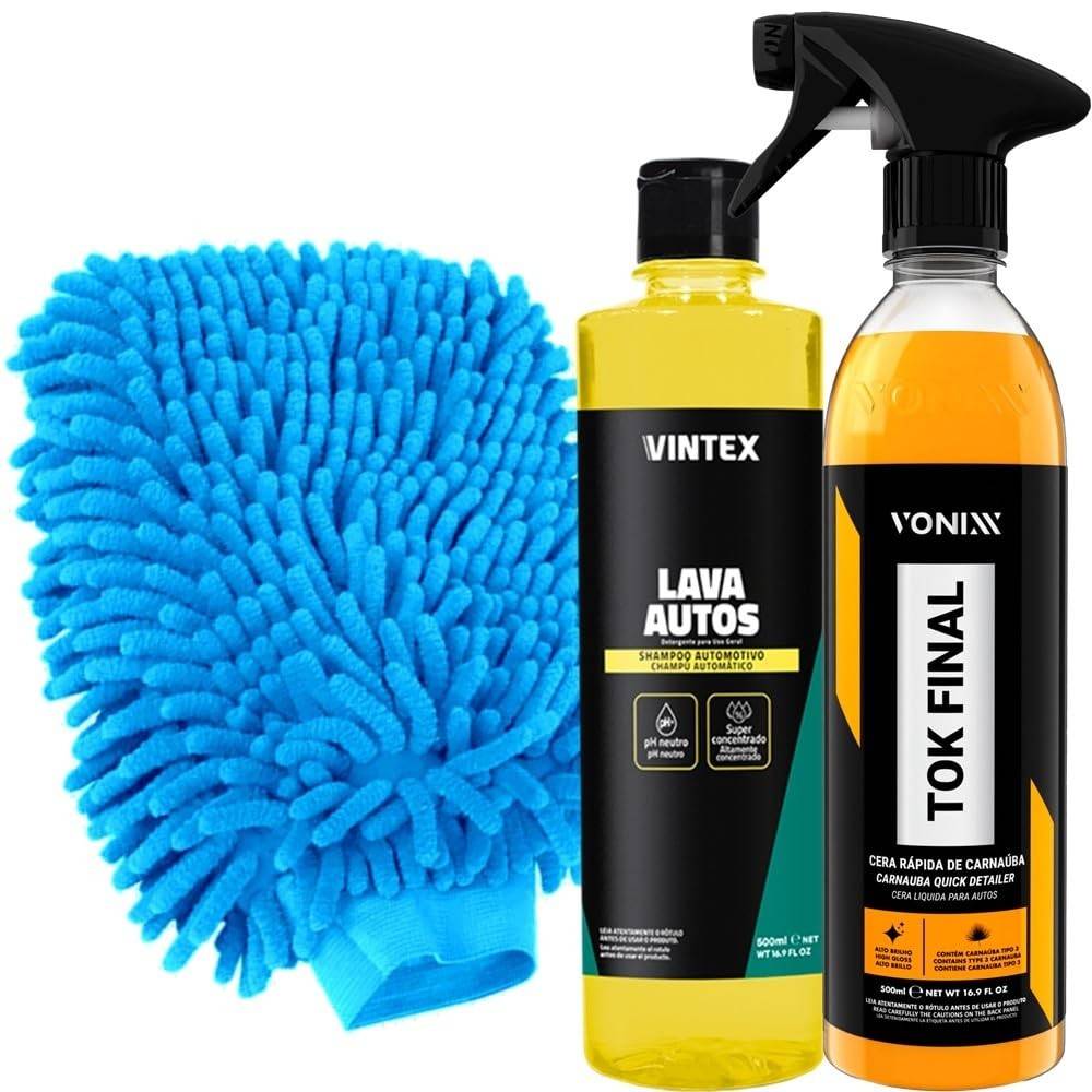 Kit Completo Limpeza Automotiva: Cera Tok Final Vonixx, Shampoo Lava Autos Vintex e Luva Tentáculos