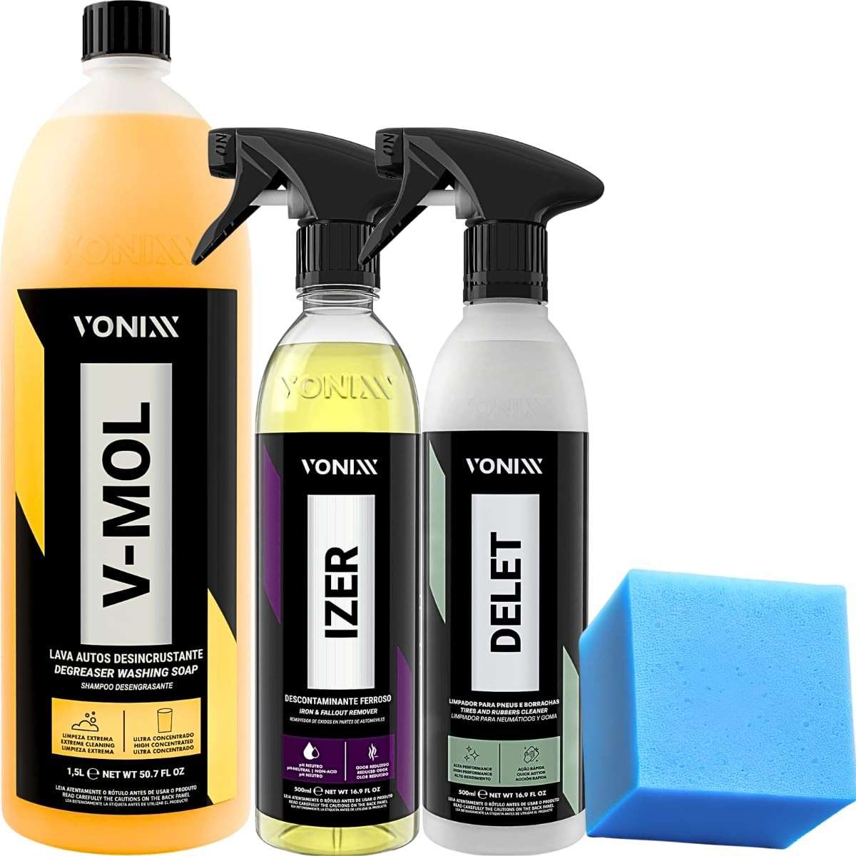 Kit Completo Vonixx: Delet Descontaminante Ferroso + Izer Limpador + V-Mol Restaurador Pneus