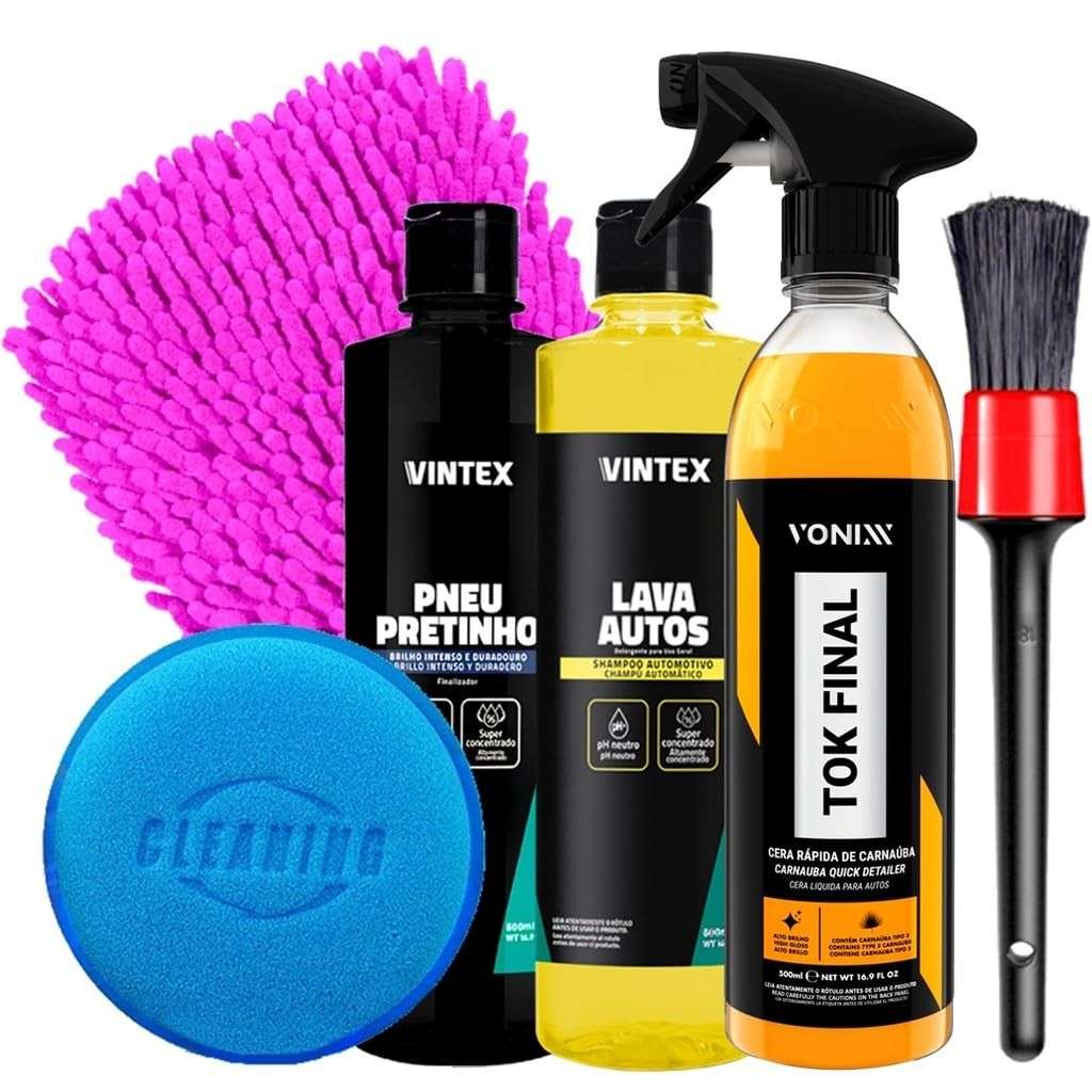 Kit Completo Detalhamento Automotivo Vonixx & Vintex: Pneu Pretinho, Lava Autos e Tok Final