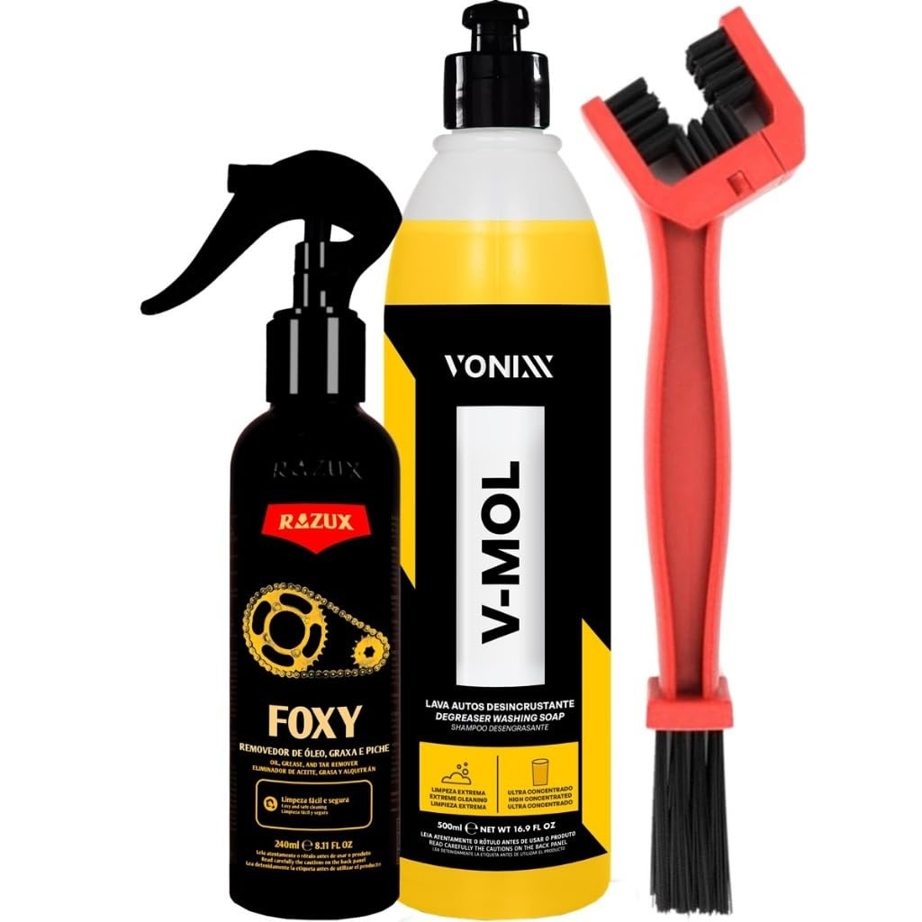 Kit Essencial para Limpeza de Moto: Desengraxante Foxy, Shampoo Vonixx e Escova Karbox