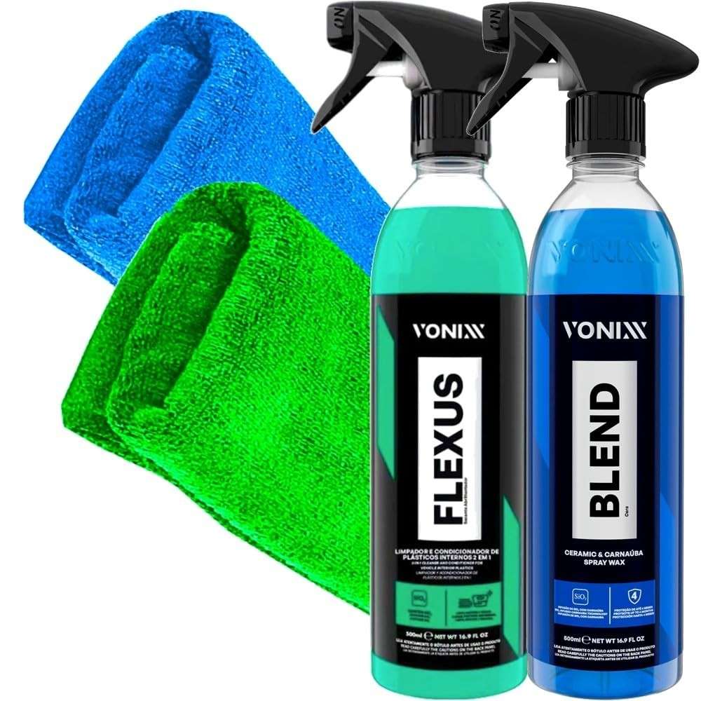 Kit Essencial Vonixx: Blend Spray 500ml, Flexus 500ml e Acessórios Karbox para Detalhamento Automotivo