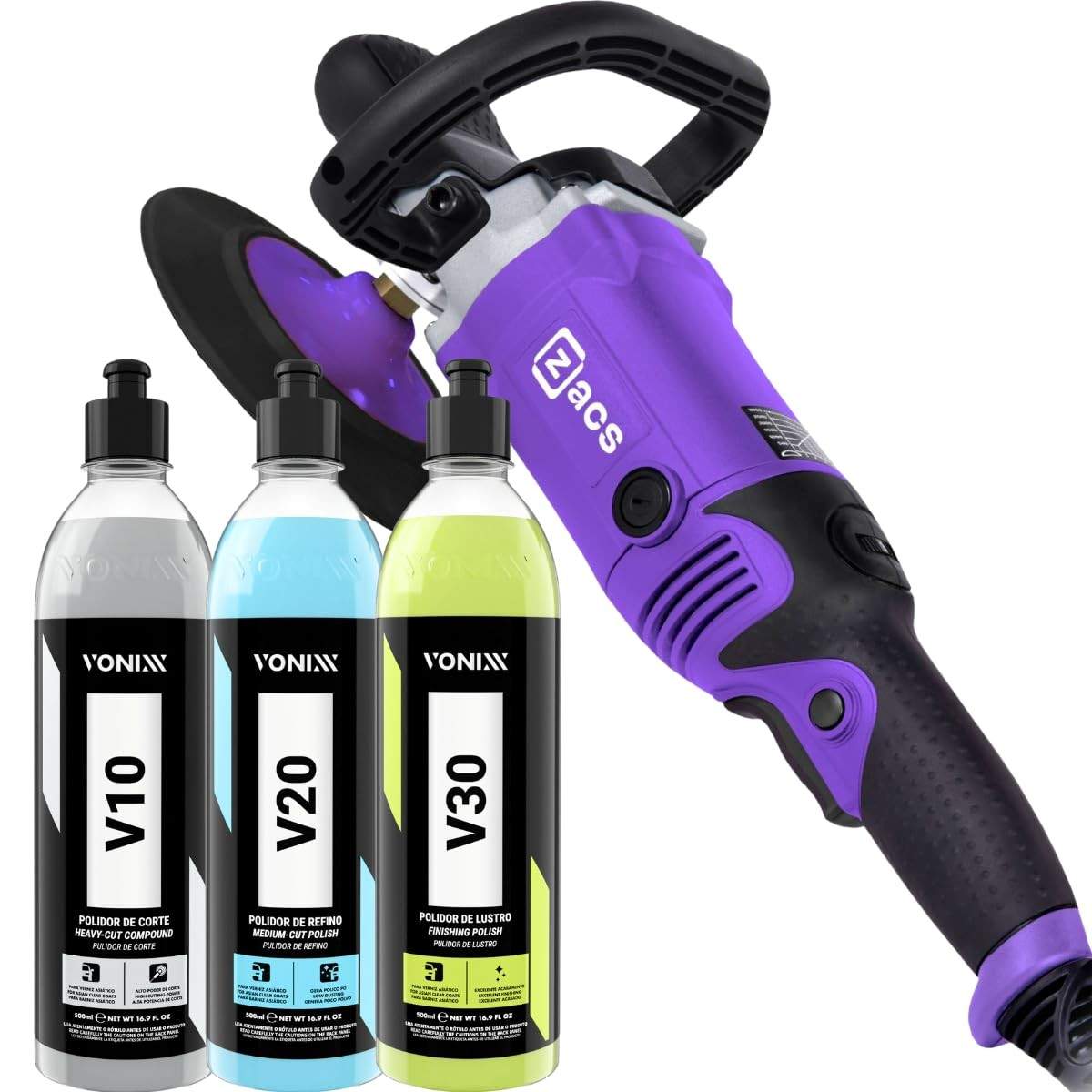 Politriz Rotativa 110V 6" com Kit Completo V10/V20/V30 Vonixx + Boina Zacs