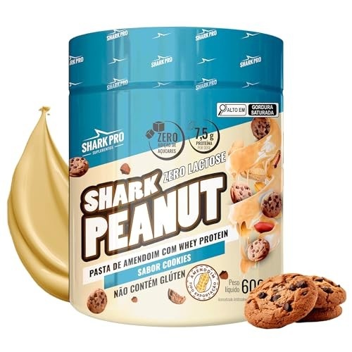 Shark Pro Pasta de Amendoim Gourmet Sabor Cookies com Whey Protein Shark Peanut - 7,5g de Proteína - Zero Glúten, Zero Lactose, Zero Adição de Açúcares - Pote 600g