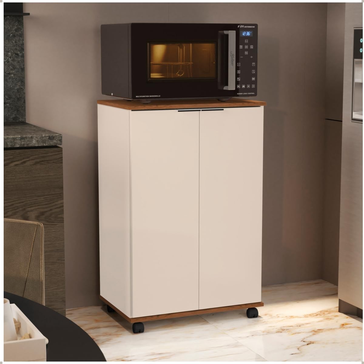 Balcão Pratic para Cozinha com Microondas e 2 Portas – Design Moderno Off White e Freijo