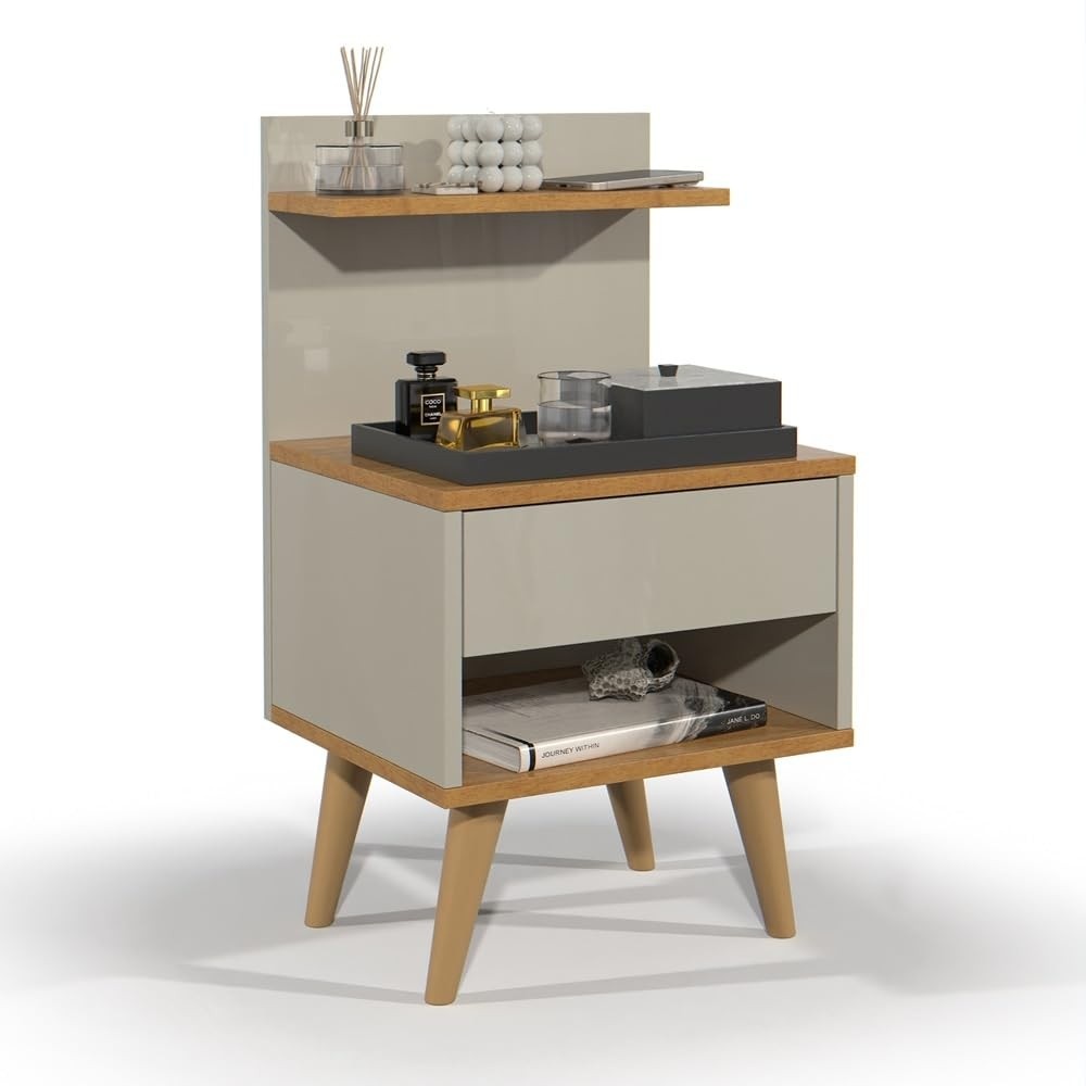 Mesa de Cabeceira Sleep com Gaveta e Pés Palito - Design Moderno Off White/Natural