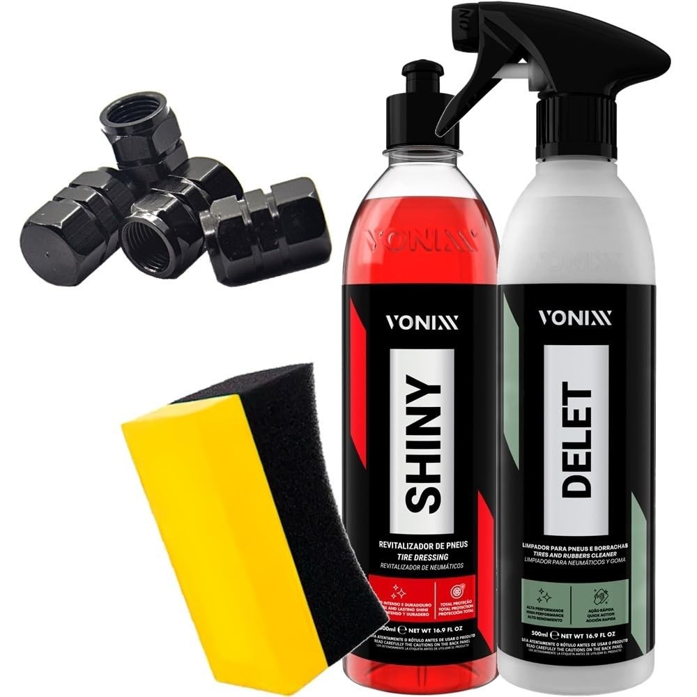 Kit Completo Vonixx: Limpador Delet 500ml, Shiny 500ml, 4 Tampas Válvula Worth e Aplicador Karbox