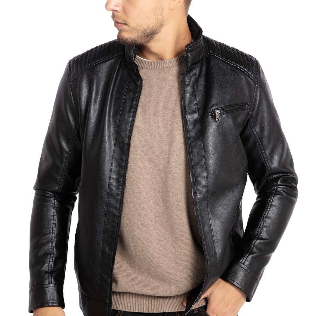WULFUL Jaqueta masculina de couro sintético leve para motocicleta com gola alta, Black1301, Small