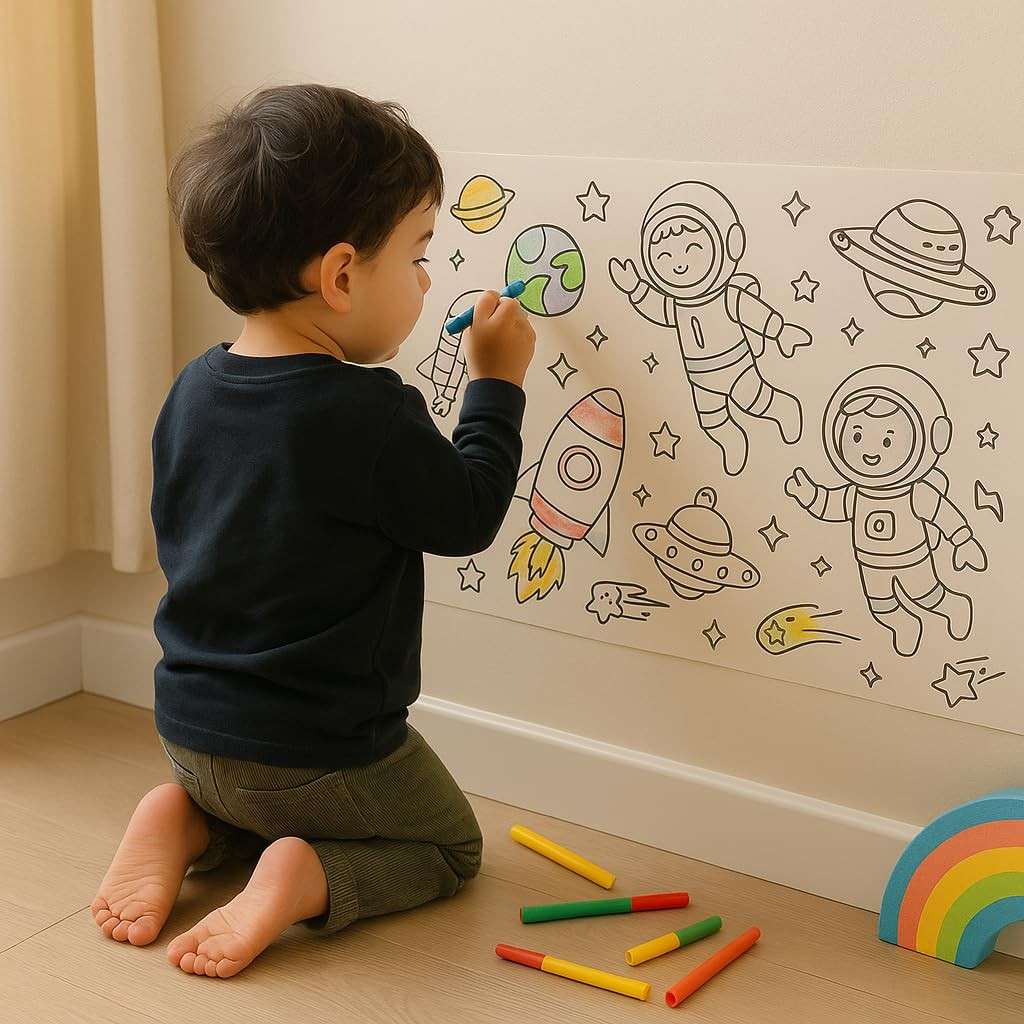 Papel Adesivo Infantil Tema Espacial para Colorir - 3m x 30cm - Brinquedo Educativo com Estímulos Astronômicos