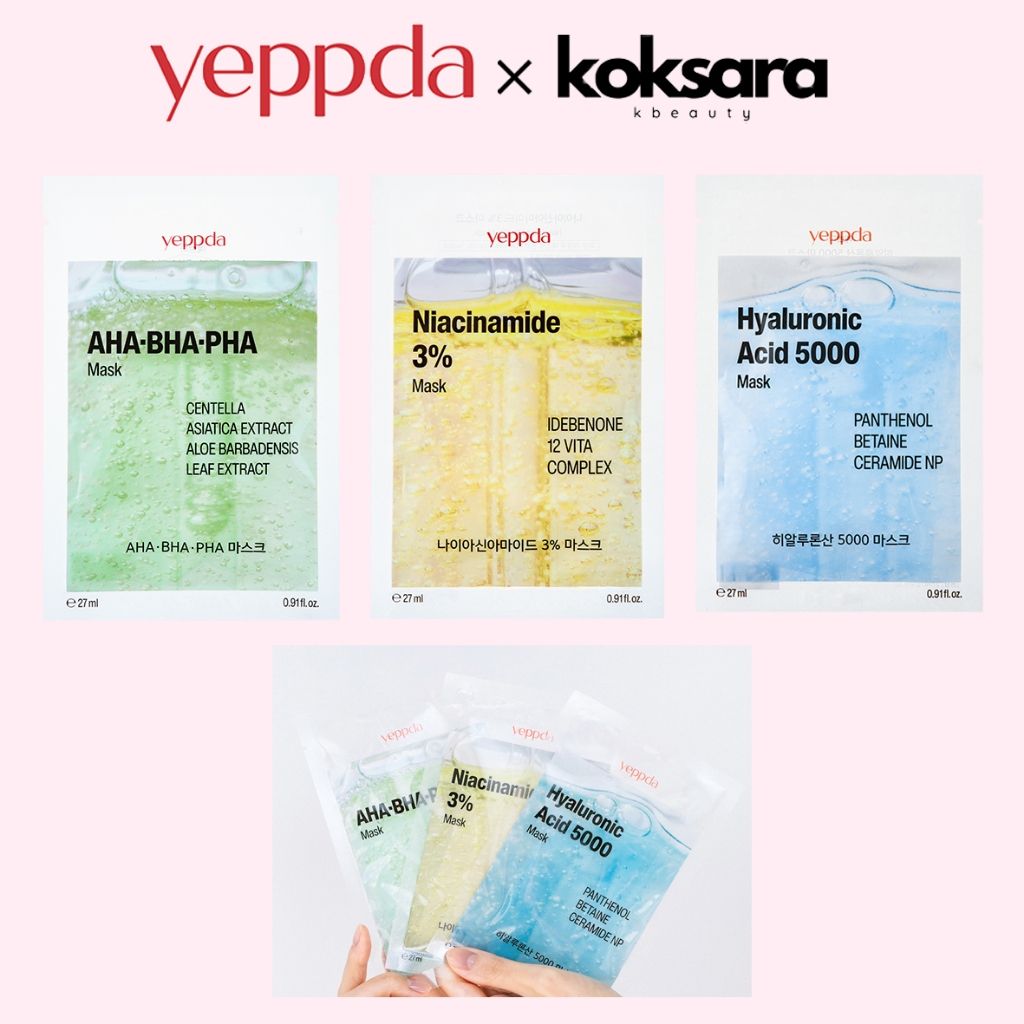 Yeppda Máscaras Faciais 3 em 1: Niacinamida, Ácido Hialurônico e AHA+BHA
