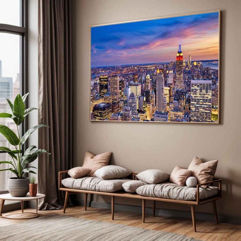 Quadro Decorativo Nova York Noturno com Moldura - Imagem 4K para Sala e Quarto