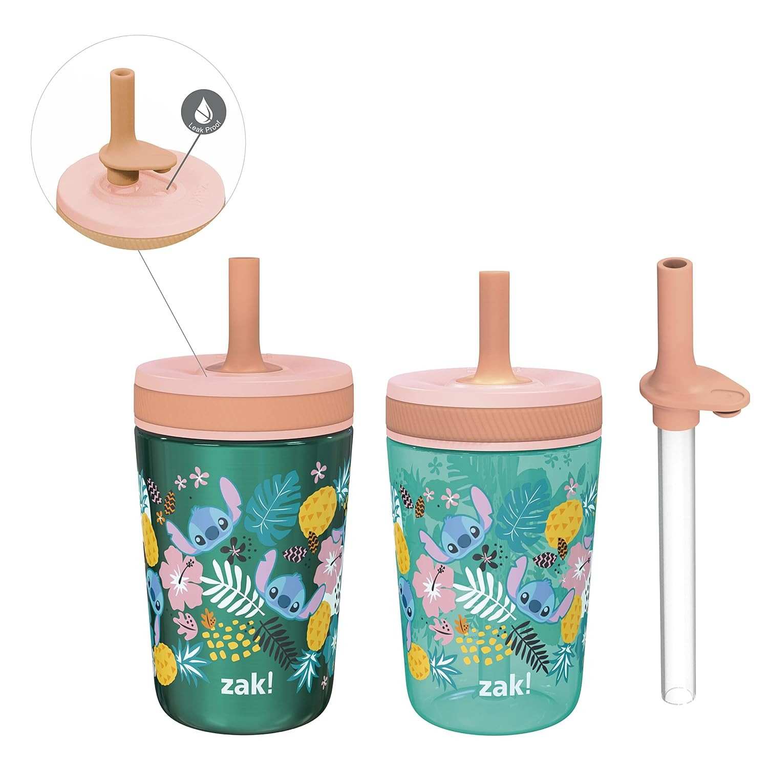 Conjunto de Copos Disney Lilo & Stitch Zak Designs - Canudo com Tampa à Prova de Vazamento