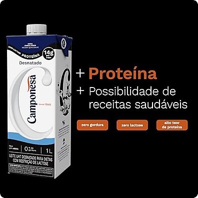 Leite Zero Lactose Camponesa: 14g Proteína Desnatado 1L